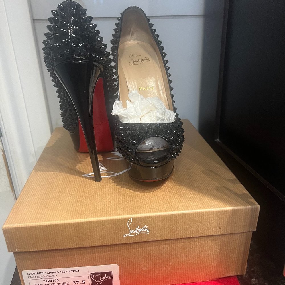 CHRISTIAN LOUBOUTIN, Christian Louboutin Black Lady Peep Spikes Pumps, Size 37.5